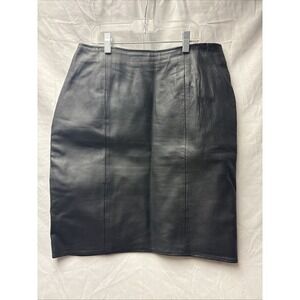 Vtg Santa Fe Black Leather Skirt Knee Length Size 12 Zipper Small Slit
